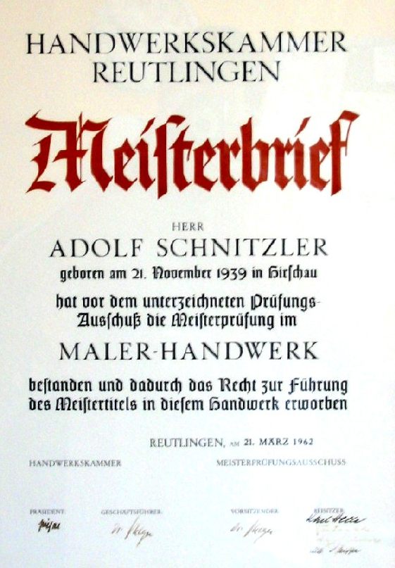 Meisterbrief Adolf Schnitzler